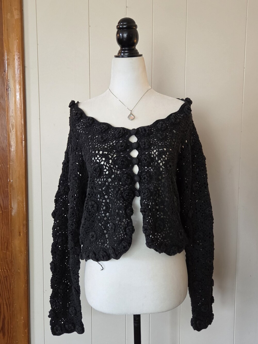 Vintage Black Cropped Open Knit Cardigan Sweater Whimsigoth/Boho
